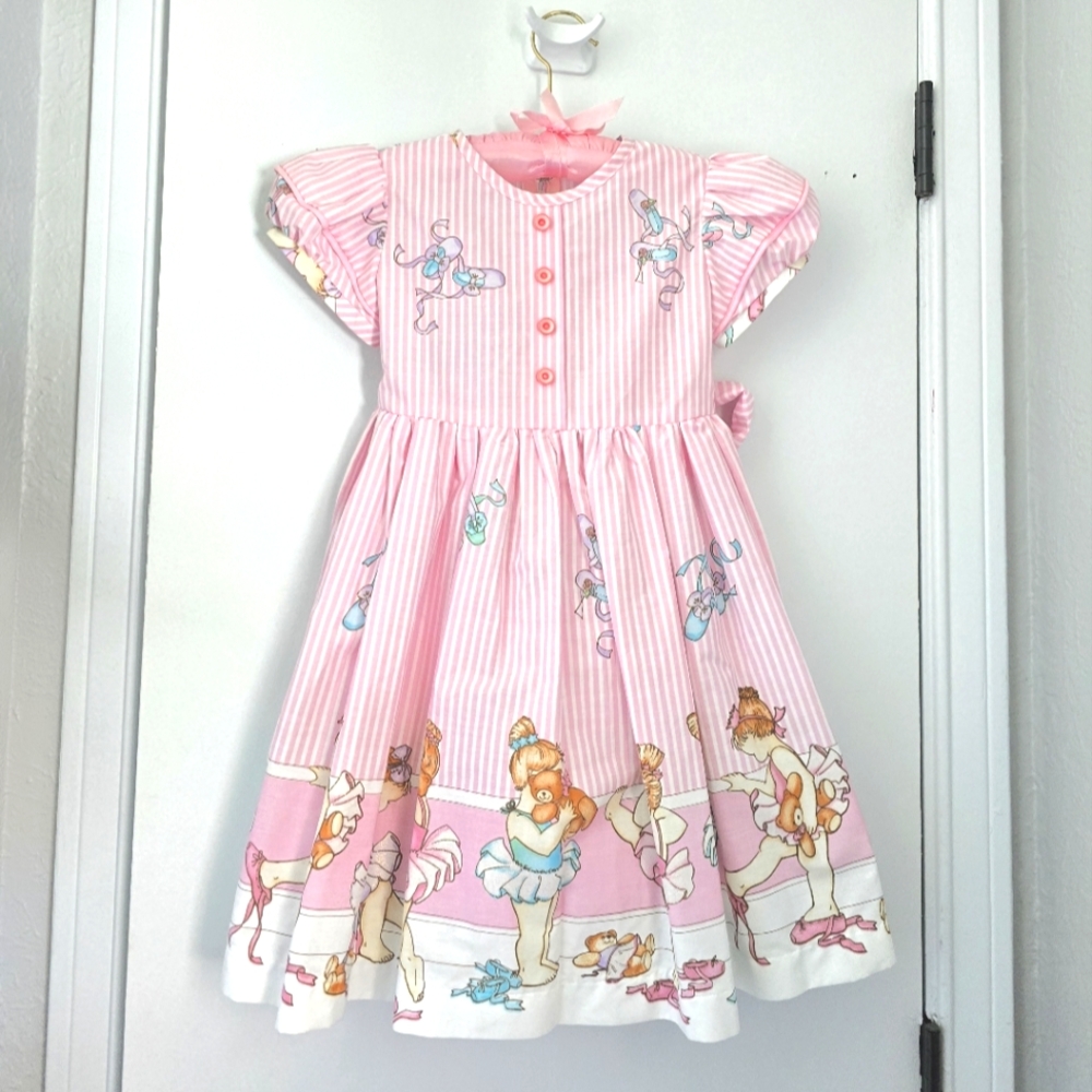 Vtg Pink Striped Dress with Ballerina Print